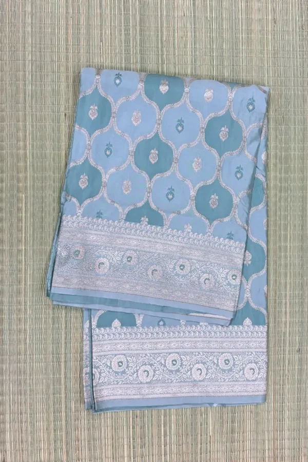 Sky Blue and Turquoise Green Rangkaat Pattern Pure Katan Saree