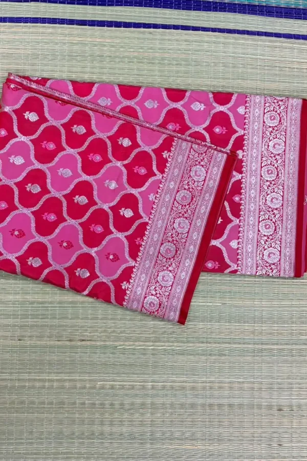 Pink and Red Rangkaat Pattern Pure Katan Saree