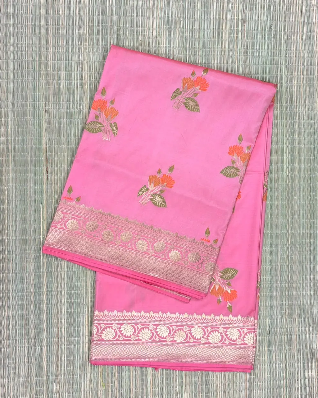 Peach Pink Pure Mashru Silk Saree with Floral Motifs