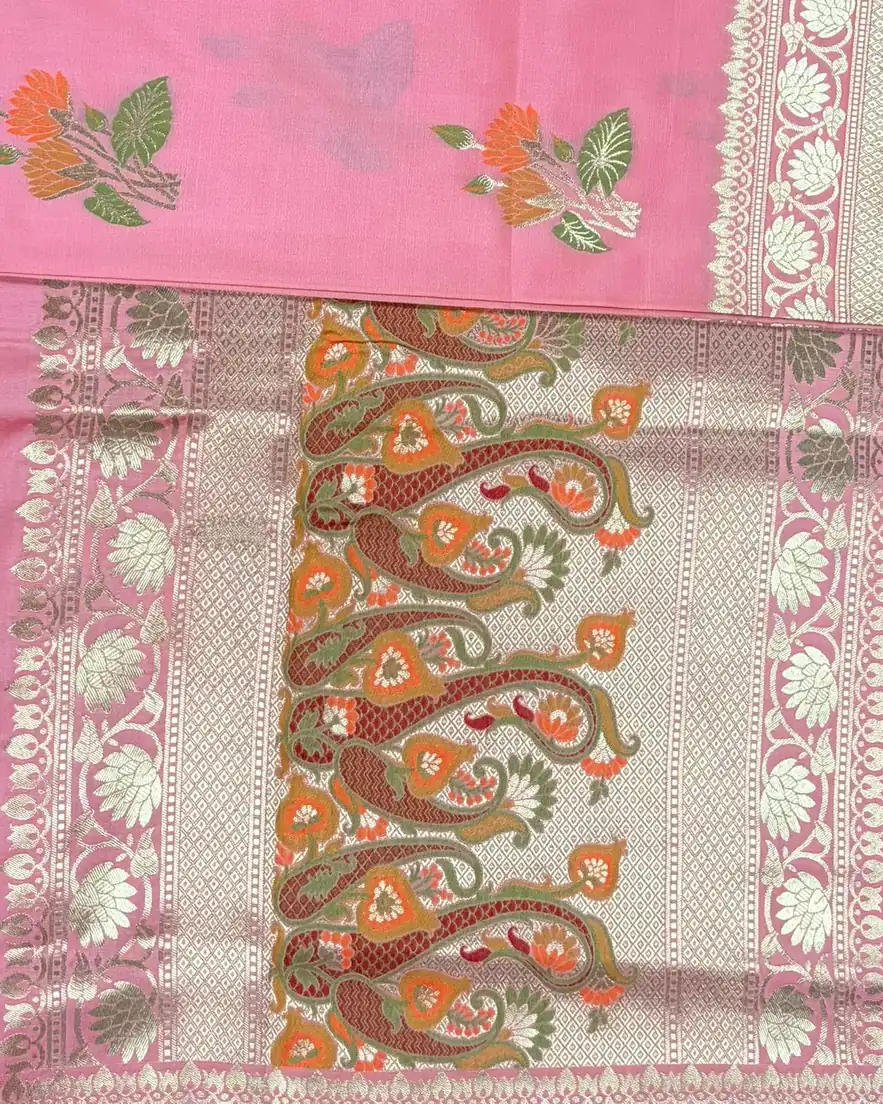 Peach Pink Pure Mashru Silk Saree with Floral Motifs - Image 3
