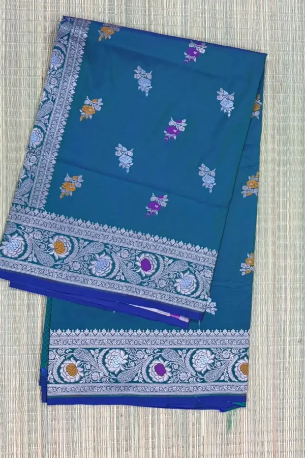 Greyish Blue Pure Mashru Silk Saree with Floral Meenakari Ink Blue Piping Border