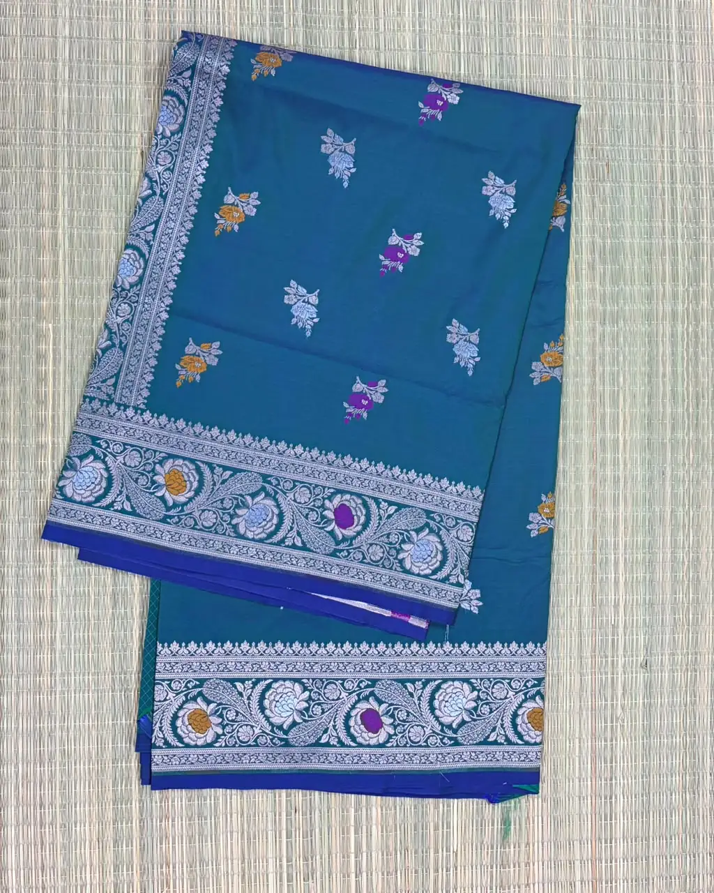 Greyish Blue Pure Mashru Silk Saree with Floral Meenakari Ink Blue Piping Border