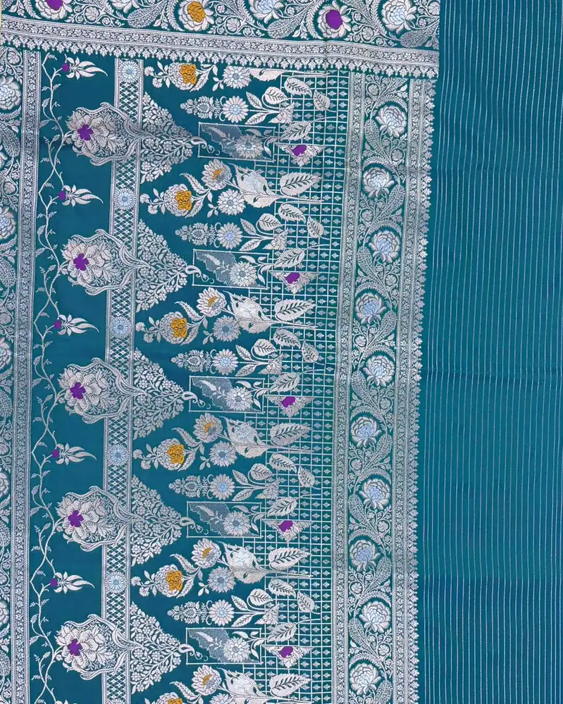 Greyish Blue Pure Mashru Silk Saree with Floral Meenakari Ink Blue Piping Border - Image 2