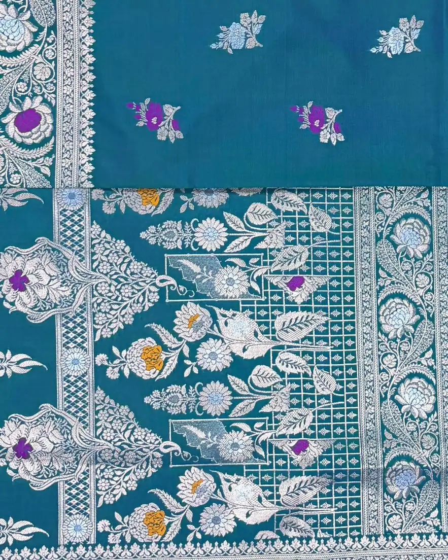 Greyish Blue Pure Mashru Silk Saree with Floral Meenakari Ink Blue Piping Border - Image 3