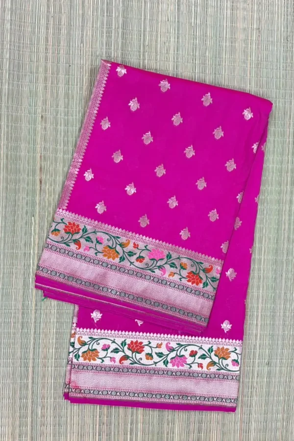 Rani Pink Pure Mashru Silk Saree with Floral Meenakari Border