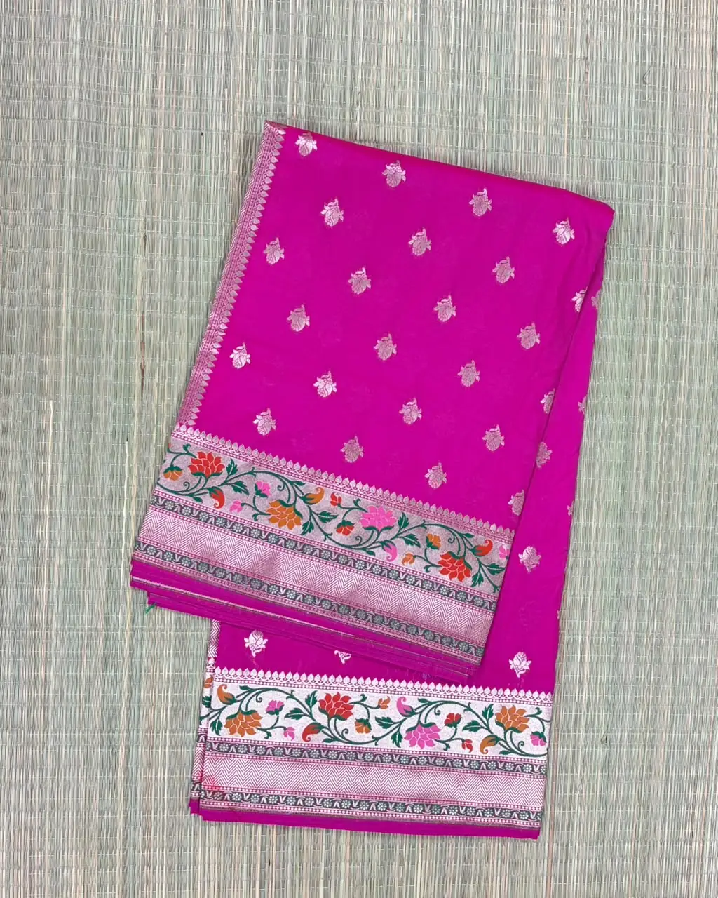 Rani Pink Pure Mashru Silk Saree with Floral Meenakari Border