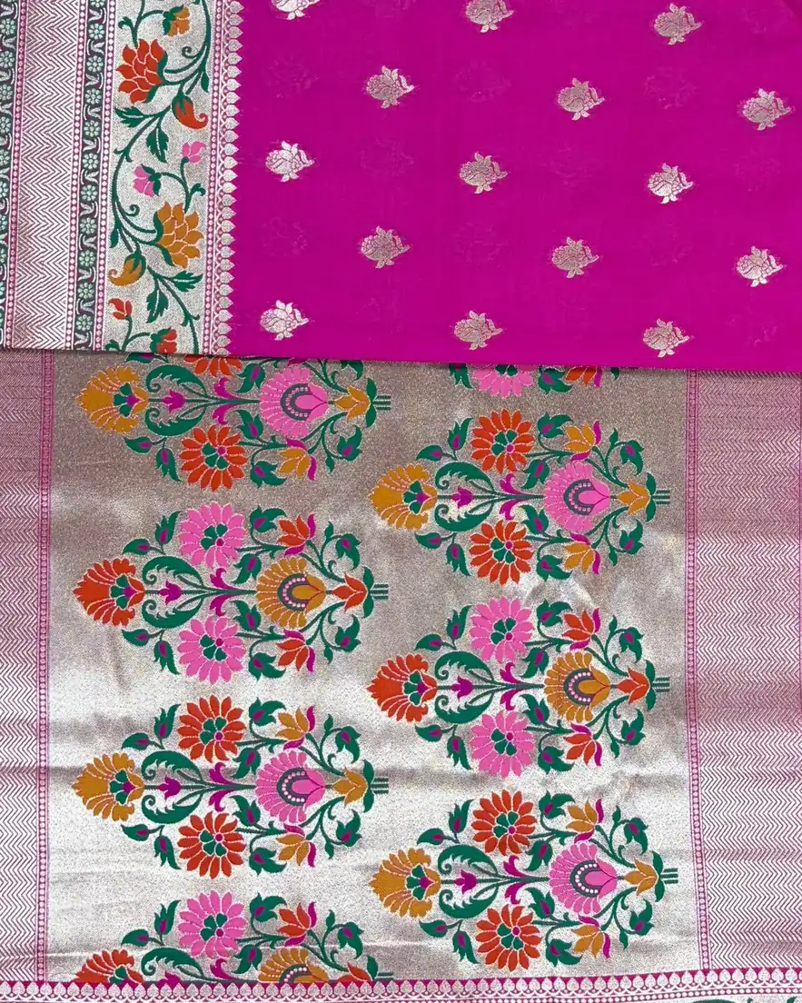 Rani Pink Pure Mashru Silk Saree with Floral Meenakari Border - Image 2