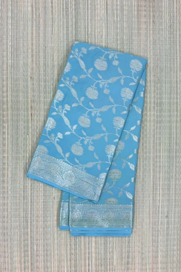 Sky Blue Floral Jaal Pattern Semi Chiffon Saree