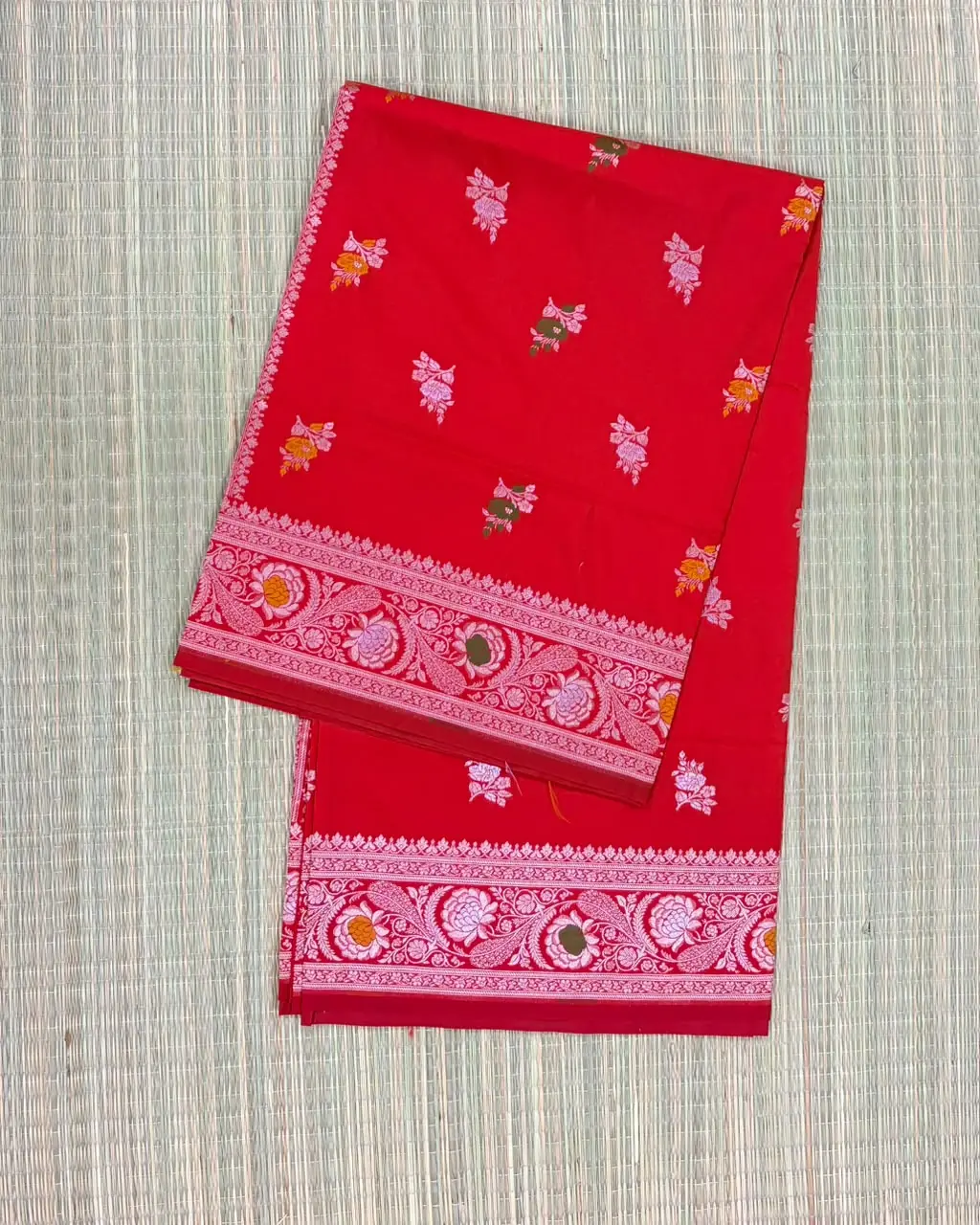 Red Meenakari Pure Mashru Silk Saree with Floral Motifs