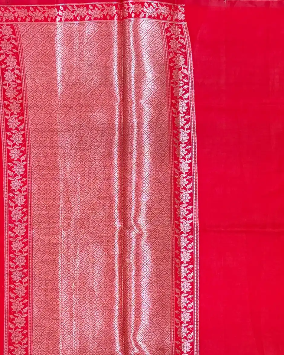 Red Semi Mashru Silk Saree with Silver Butta 2