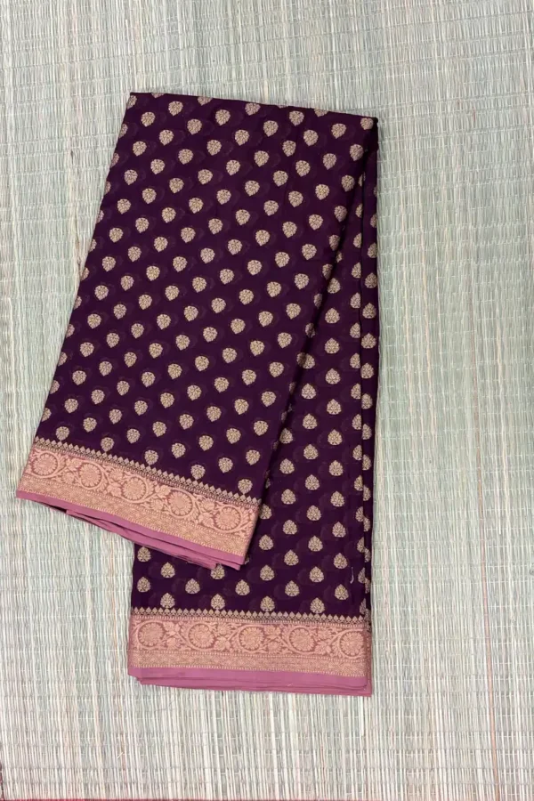 Dark Purple Semi Chiffon Saree with Dusky Rose Border