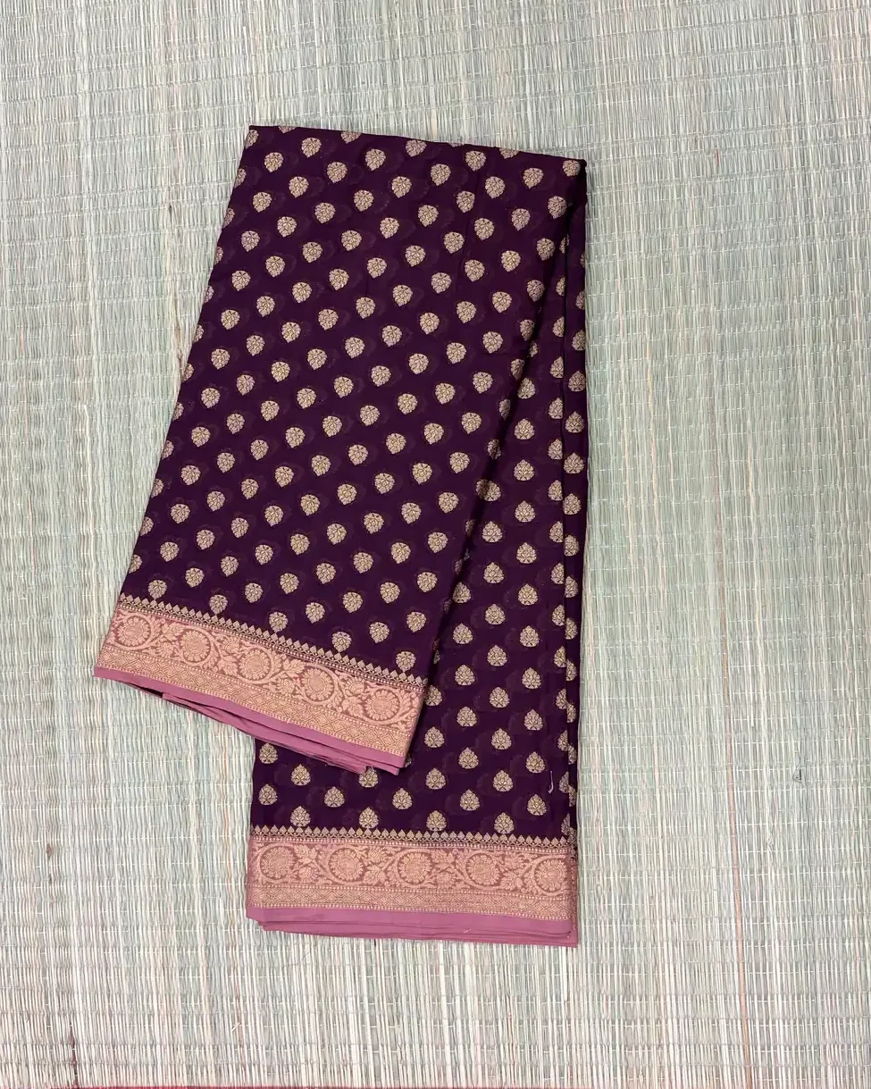 Dark Purple Semi Chiffon Saree with Dusky Rose Border