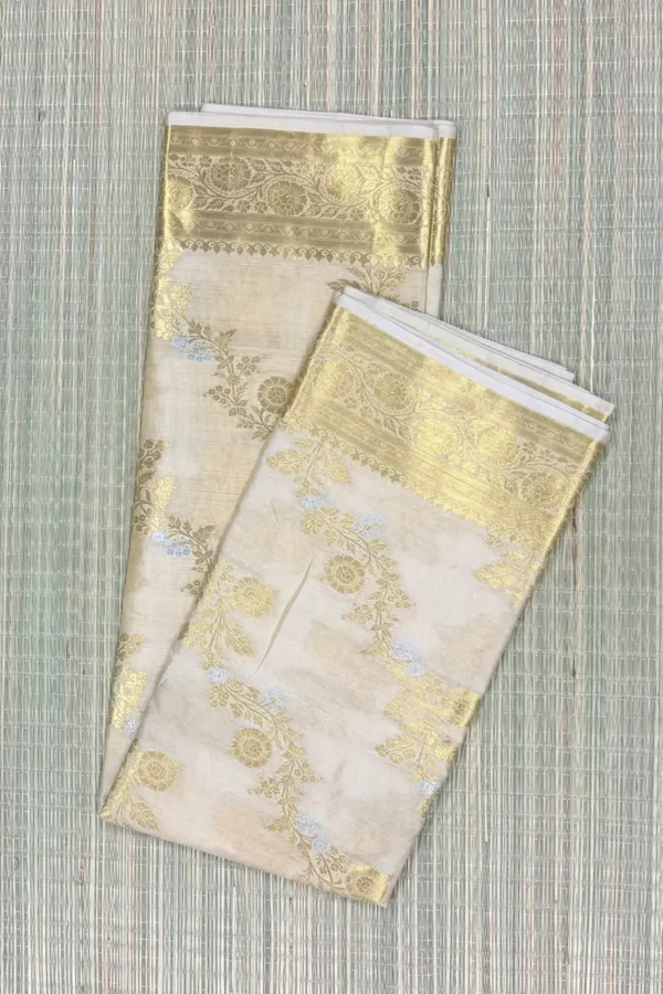 Beige Semi Katan Saree with Floral Metallic Gold and Silver Design