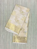 Beige Semi Katan Saree with Floral Metallic Gold and Silver Design