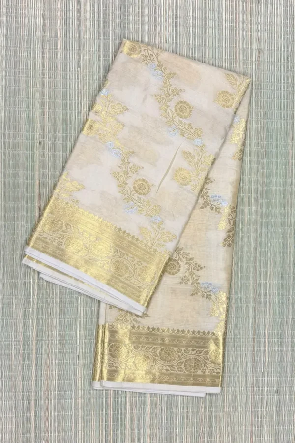 Beige Semi Katan Saree with Floral Metallic Gold and Silver Design