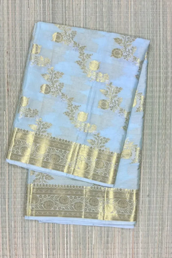 Powder Blue Semi Katan Saree with Floral Metallic Gold Design