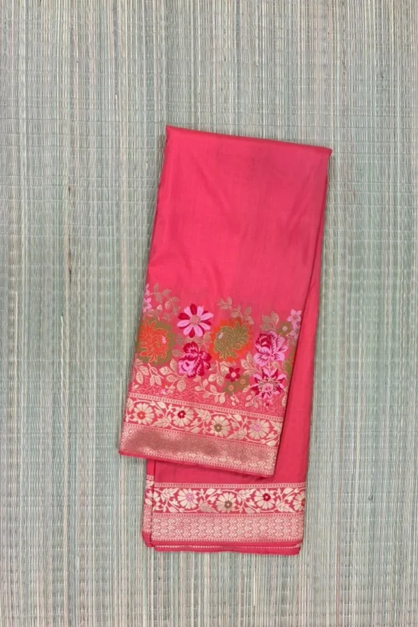 Peach Orange Semi Katan Saree with 3D Floral Border