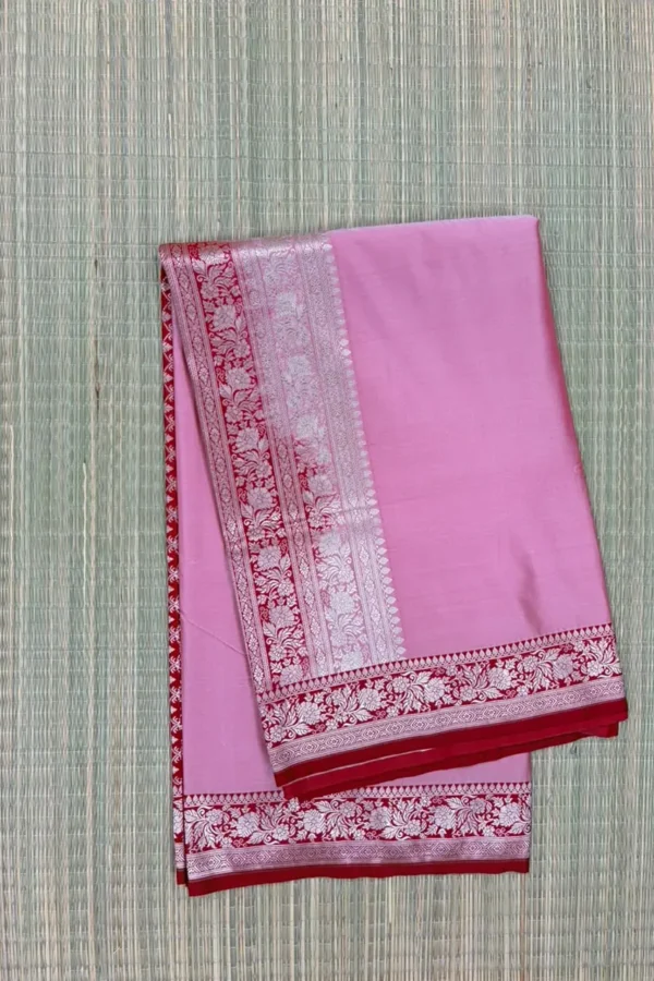 Pastel Pink Pure Mashru Saree with Red Border