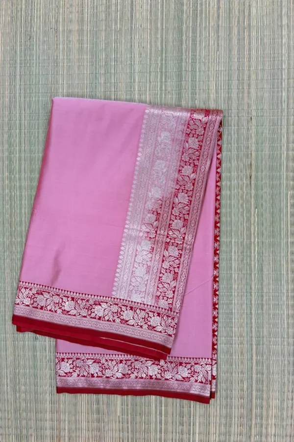 Pastel Pink Pure Mashru Saree with Red Border