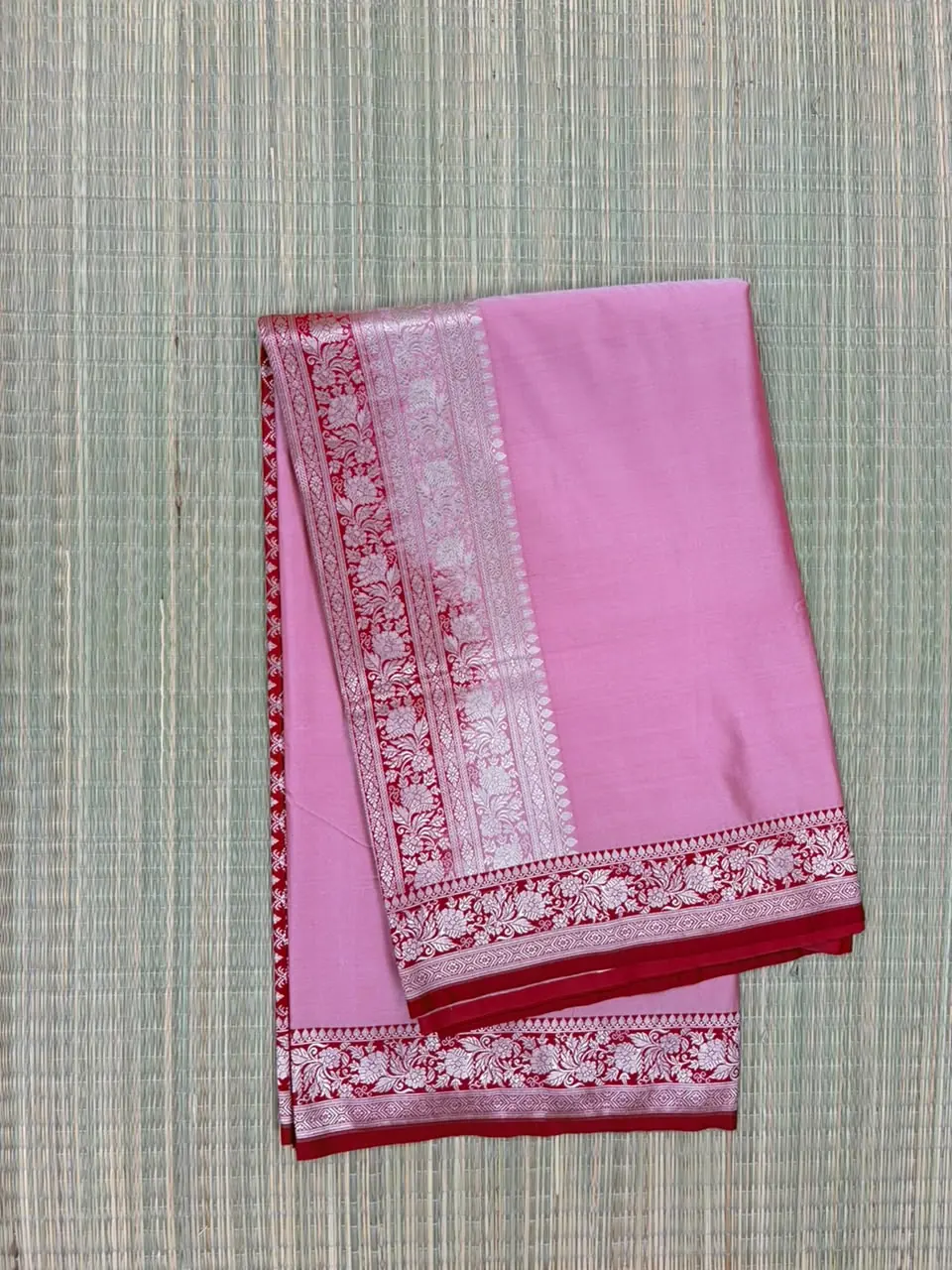 Pastel Pink Pure Mashru Saree with Red Border