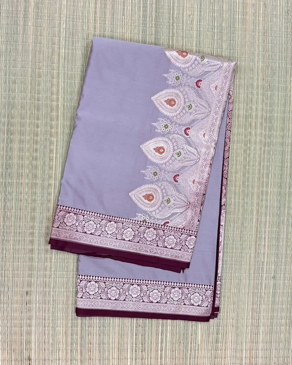 Elephant Grey Pure Mashru Saree with Brown Border