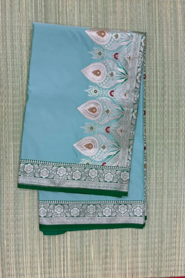 Sea Blue Pure Mashru Saree with Parrot Green Border