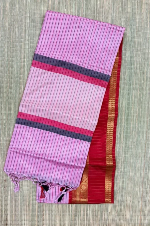 Peach Semi Katan Saree with Red and Black Ganga Jamuna Border