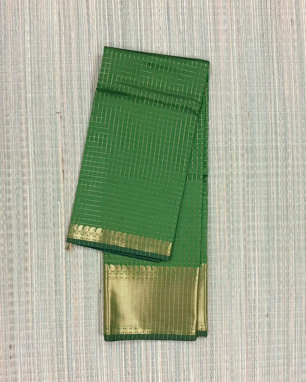 Parrot Green Checked Semi Katan Saree
