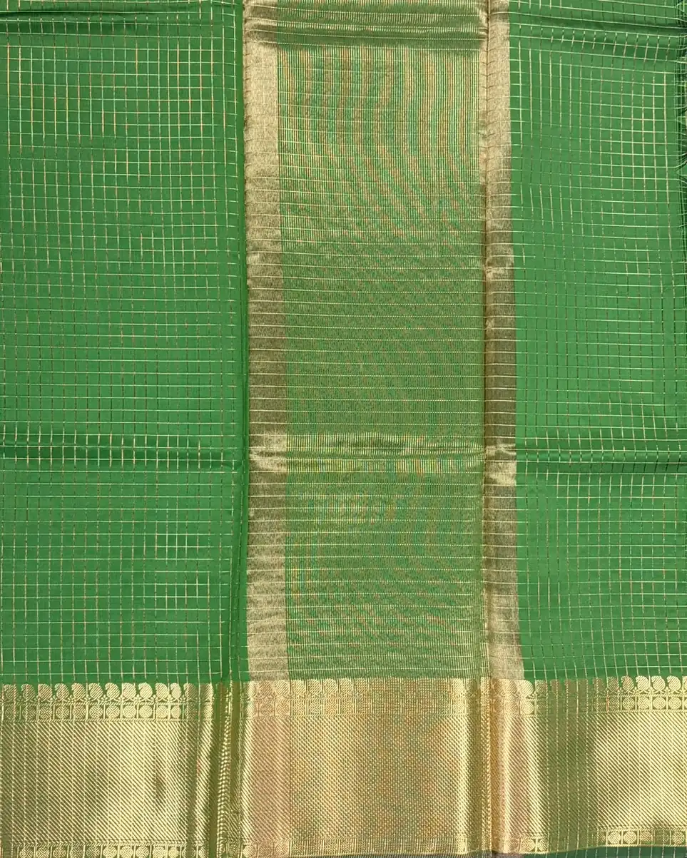Parrot Green Checked Semi Katan Saree - Image 2