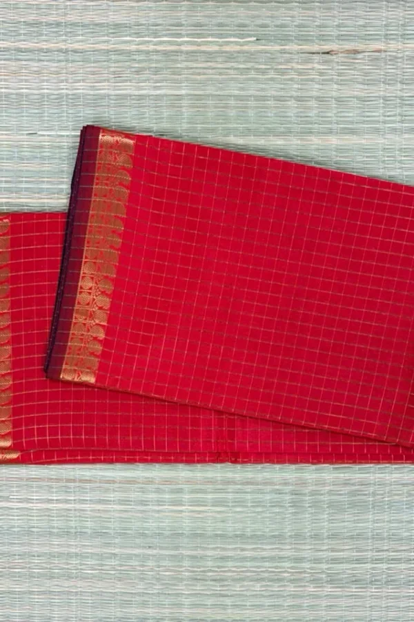 Red Checked Semi Katan Saree