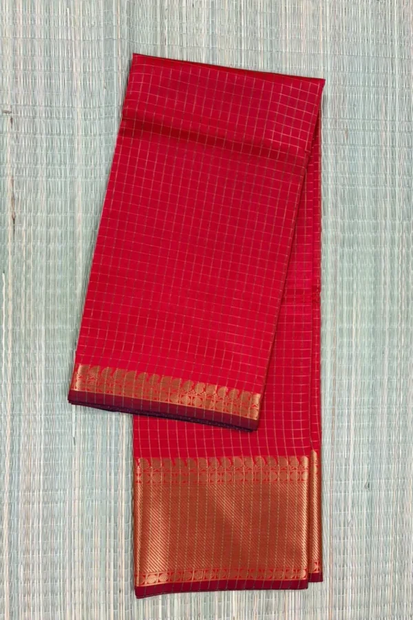 Red Checked Semi Katan Saree