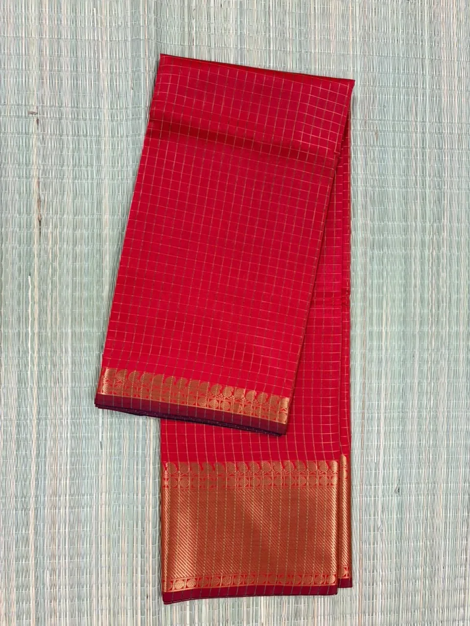 Red Checked Semi Katan Saree