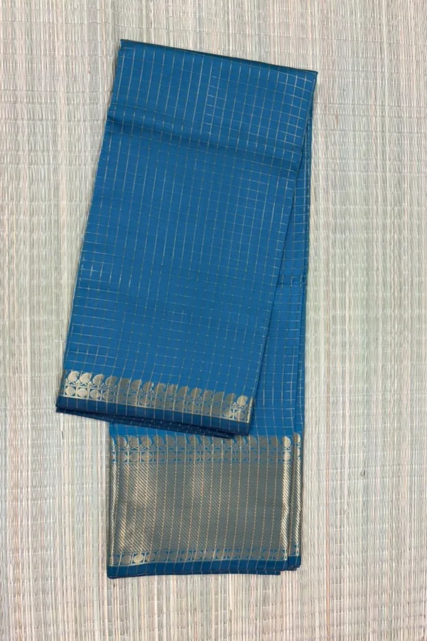 Blue Checked Semi Katan Saree with Dark Blue Piping Border