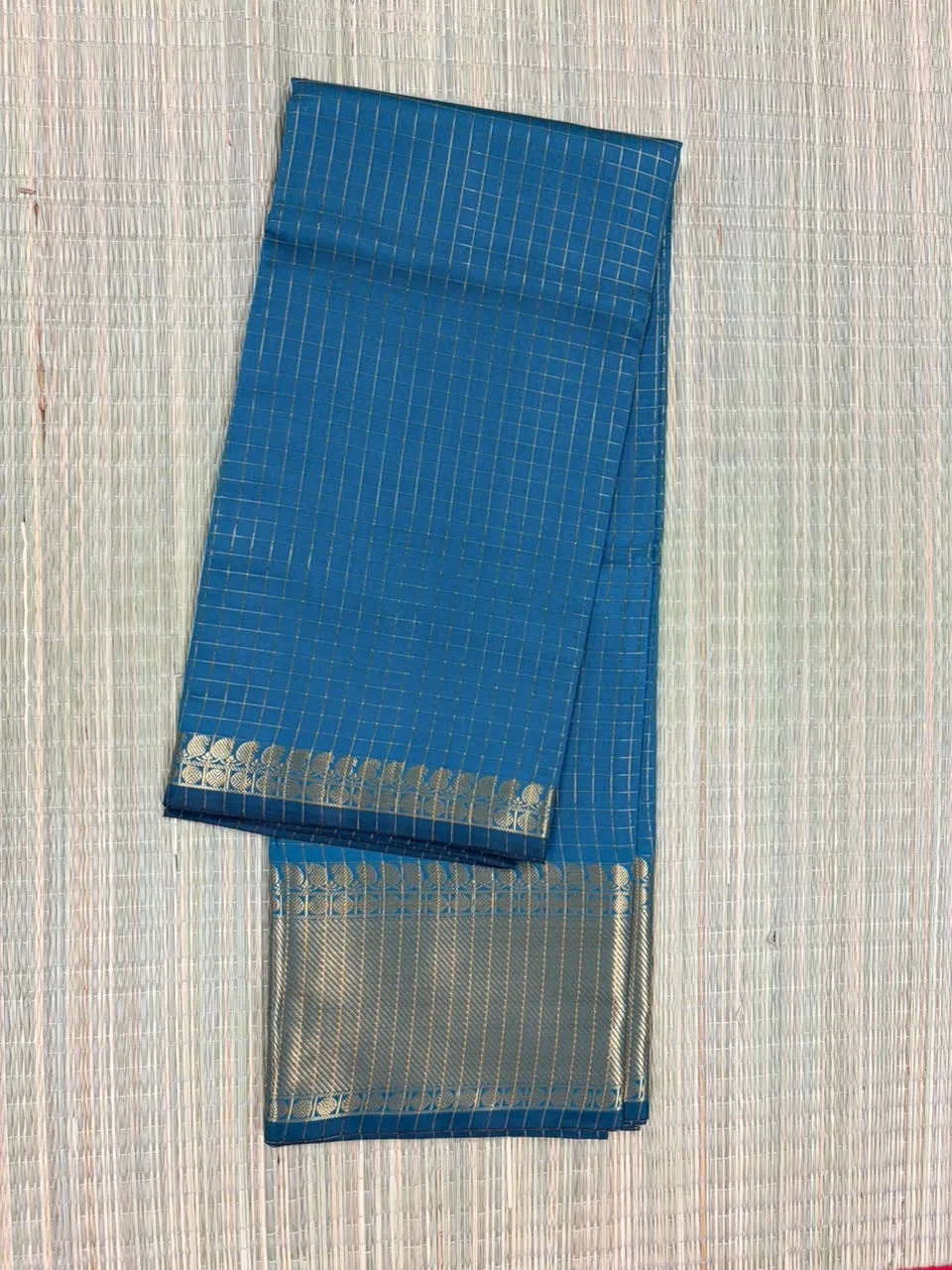 Blue Checked Semi Katan Saree with Dark Blue Piping Border