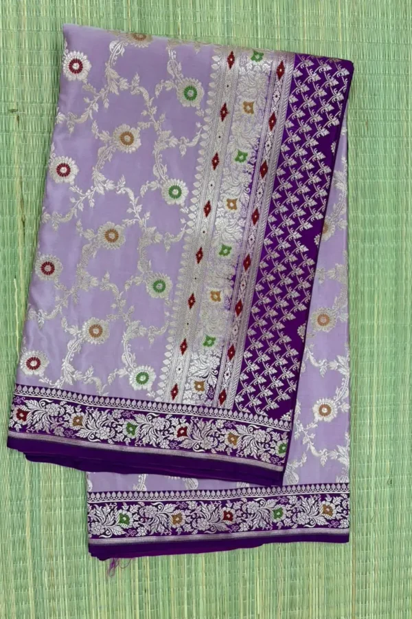 Lilac Pure Mashru Silk Saree with Meenakari Floral Pattern and Dark Purple Border