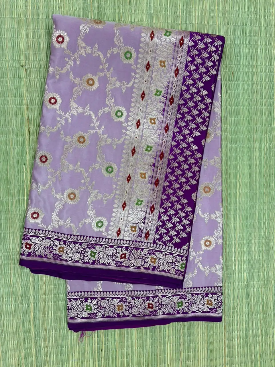 Lilac Pure Mashru Silk Saree with Meenakari Floral Pattern and Dark Purple Border