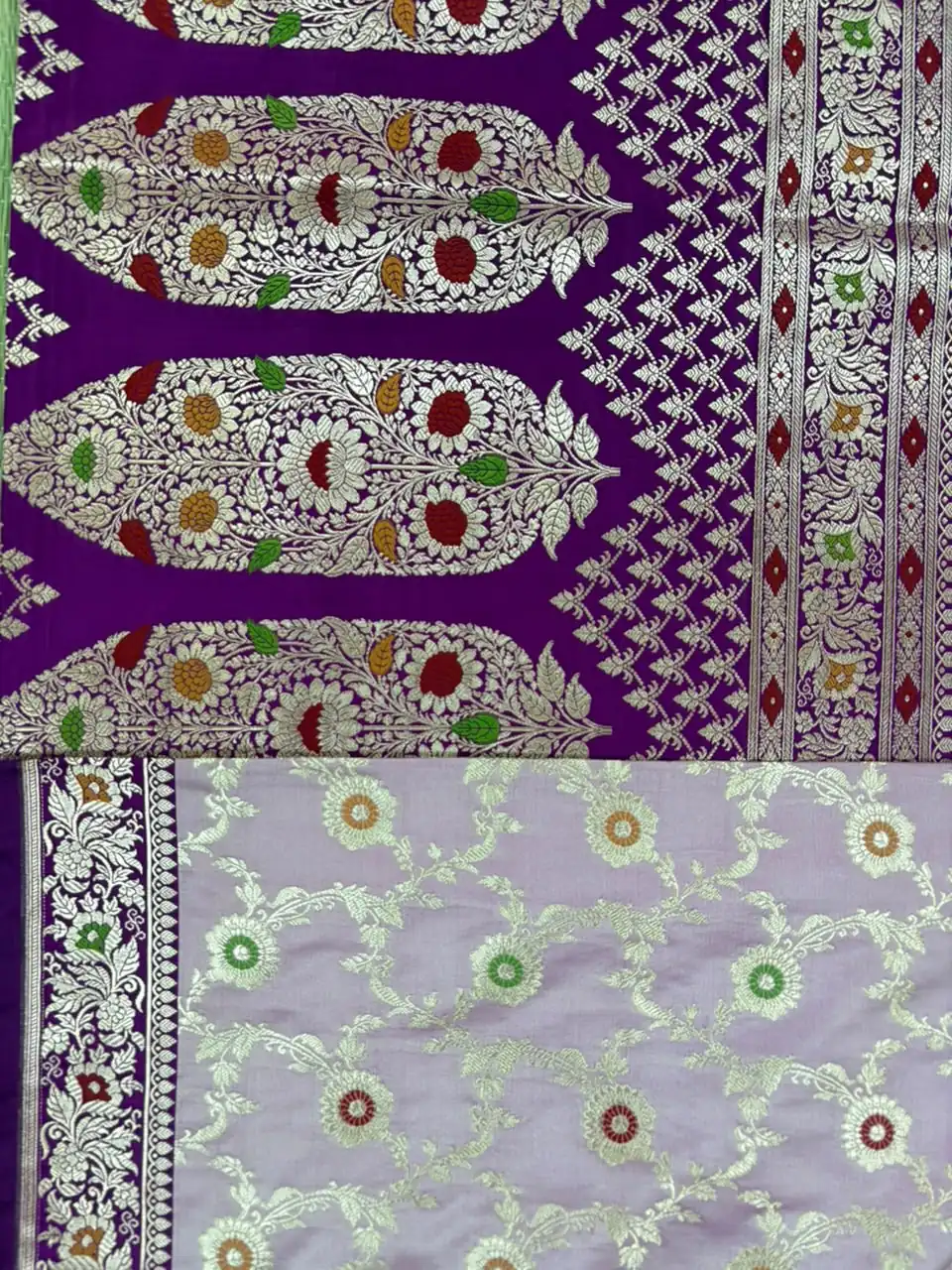 Lilac Pure Mashru Silk Saree with Meenakari Floral Pattern and Dark Purple Border - Image 3