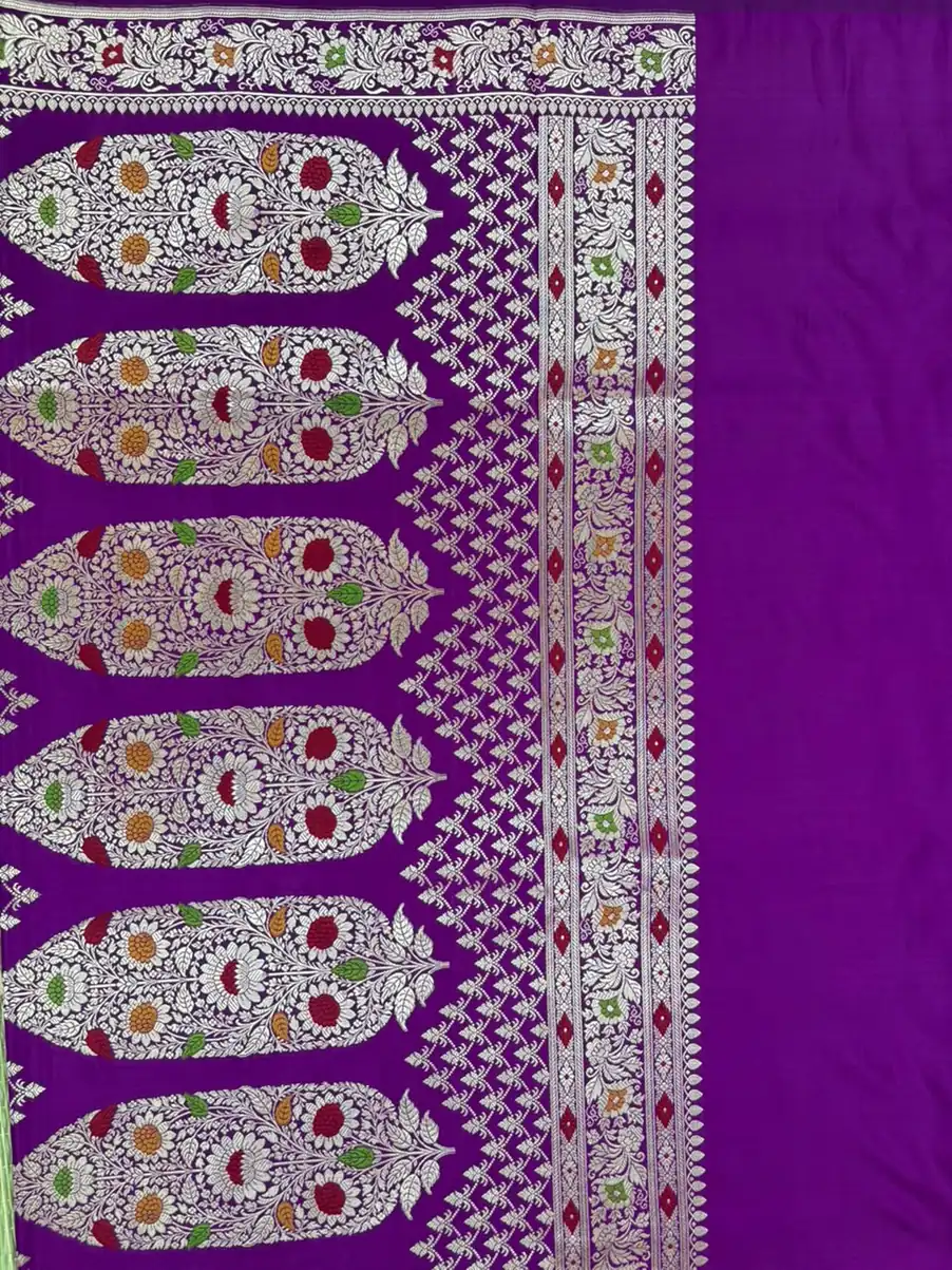 Lilac Pure Mashru Silk Saree with Meenakari Floral Pattern and Dark Purple Border - Image 2